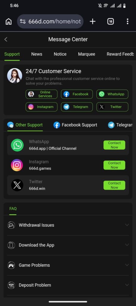 Customer support in 666D online